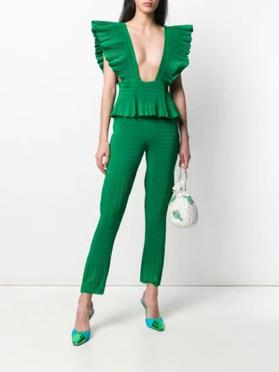 Shop Area Ruffled Plunge Jumpsuit - Green