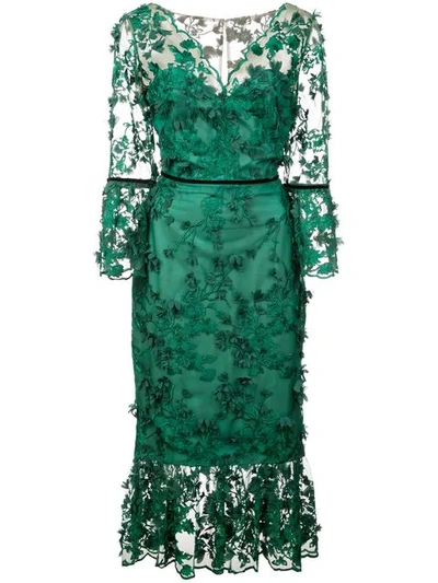 Shop Marchesa Notte Embroidered Midi Tea Dress In Green