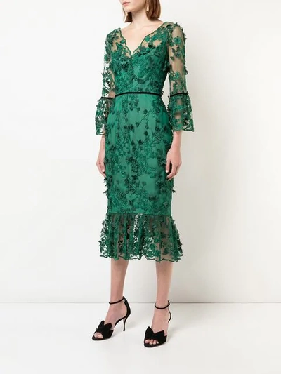 Shop Marchesa Notte Embroidered Midi Tea Dress In Green