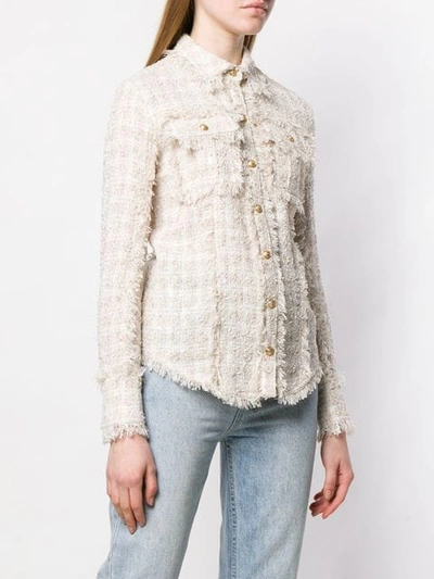 Shop Balmain Fringed Tweed Shirt In Neutrals