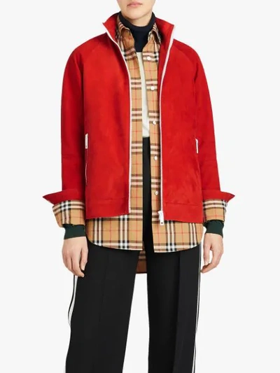 Shop Burberry Suede Tracksuit Jacket In Red