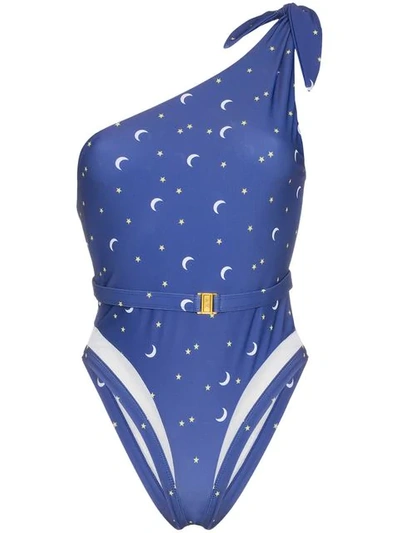 Shop Ambra Maddalena Sailor Moon One Shoulder Moon And Star Print Swimsuit In Blue