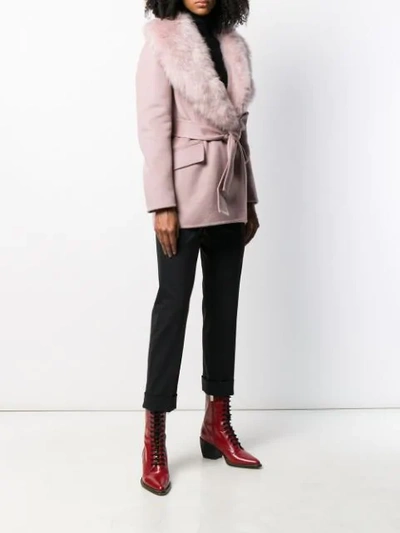 Shop Prada Furry Collar Belted Coat In Pink