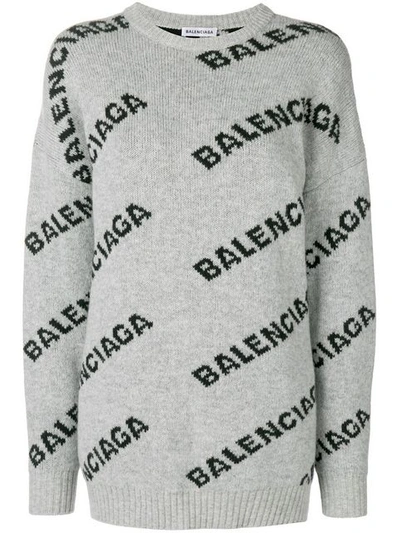 Shop Balenciaga Jacquard Logo Crew Neck Sweater In Grey