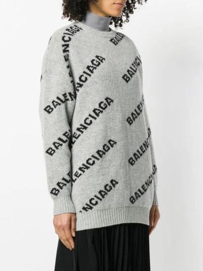 Shop Balenciaga Jacquard Logo Crew Neck Sweater In Grey