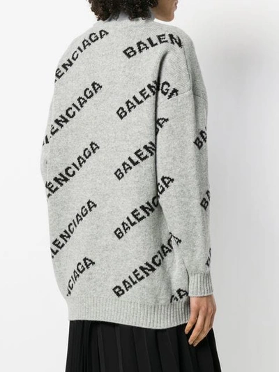 Shop Balenciaga Jacquard Logo Crew Neck Sweater In Grey