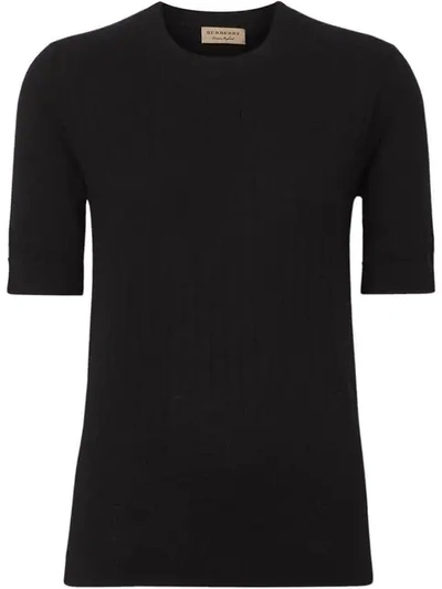 Shop Burberry Short-sleeve Rib Knit Cashmere Sweater In Black