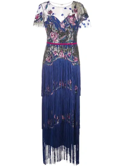 Shop Marchesa Notte Tiered Fringe Evening Gown In Blue