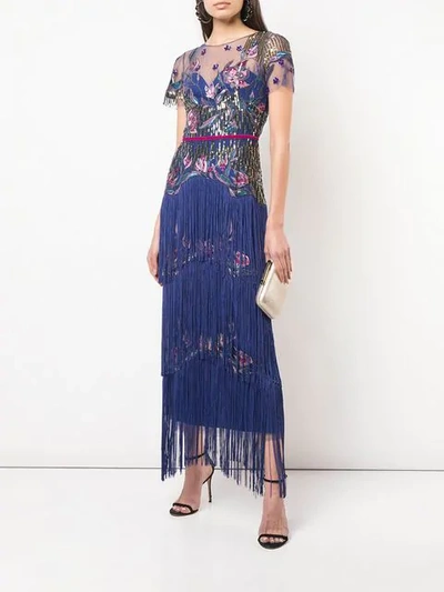 Shop Marchesa Notte Tiered Fringe Evening Gown In Blue