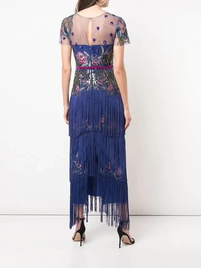 MARCHESA NOTTE TIERED FRINGE EVENING GOWN - 蓝色
