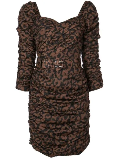 Shop Nicholas Gathered Leopard Print Dress In Brown