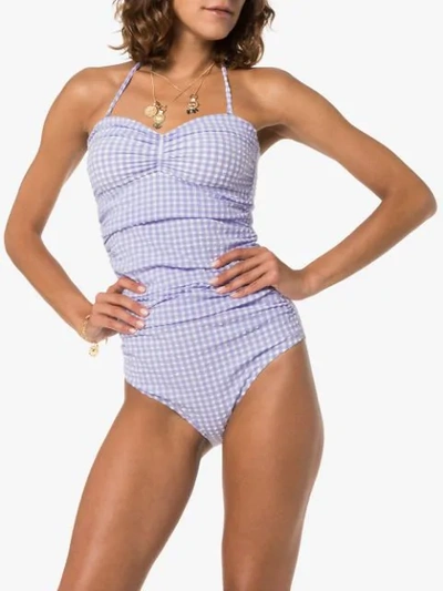 Shop Ganni Ruched Gingham Swimsuit In Blue