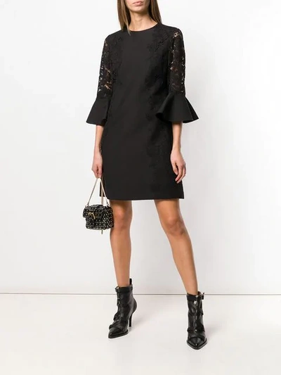 Valentino Jewel-neck 3/4 Flutter Cuff Crepe Couture Dress In 0no Black
