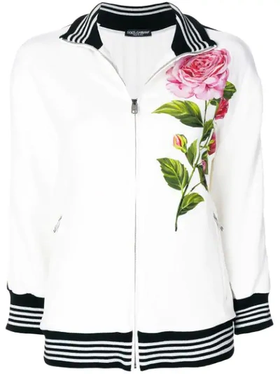 Shop Dolce & Gabbana Rose Print Zip Sweatshirt In White