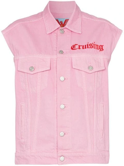 Shop Adaptation Sleeveless Embroidered Detail Denim Jacket In Pink