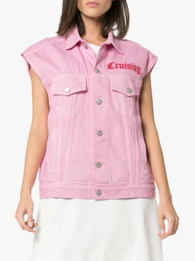 Shop Adaptation Sleeveless Embroidered Detail Denim Jacket In Pink