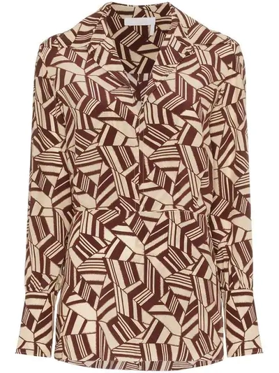 Shop Chloé Geometric Print Silk Shirt In Brown