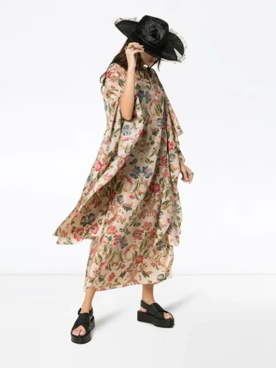 Shop By Walid Ingrid Floral Silk Kaftan In Neutrals