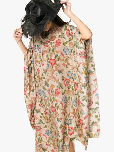 Shop By Walid Ingrid Floral Silk Kaftan In Neutrals