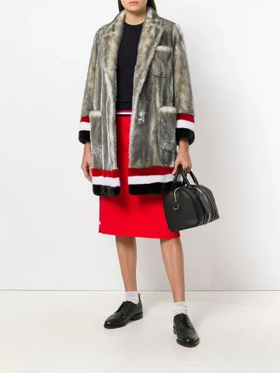 Shop Thom Browne Single Breasted Sack Overcoat With Intarsia Red, White And Blue Stripe In Dyed Long Hair Mink Fur In Grey