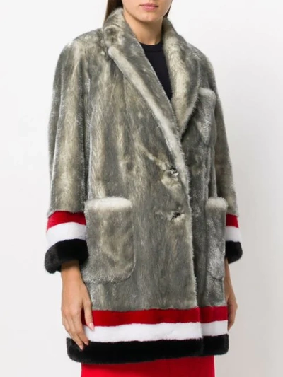 Shop Thom Browne Single Breasted Sack Overcoat With Intarsia Red, White And Blue Stripe In Dyed Long Hair Mink Fur In Grey