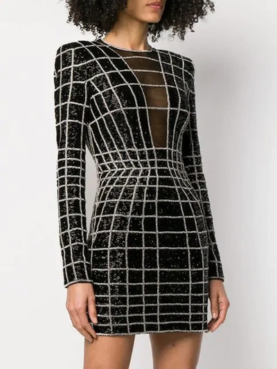 Shop Balmain Crystal Grid Patterned Bodycon Dress In Black
