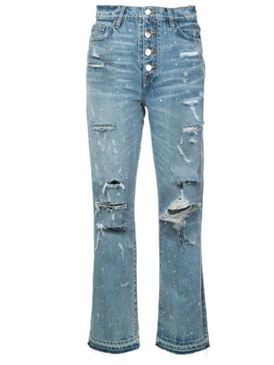 Shop Amiri Crystal Studded Straight Jeans In Blue