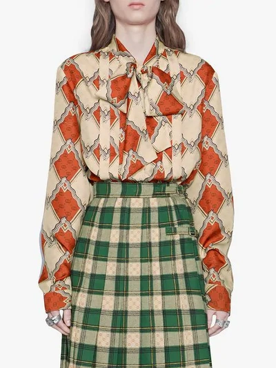 Shop Gucci Silk Shirt With Snake Rhombus Print In Red