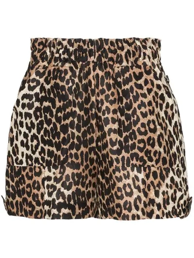 GANNI CEDAR LEOPARD PRINT LINEN AND SILK SHORTS - 棕色