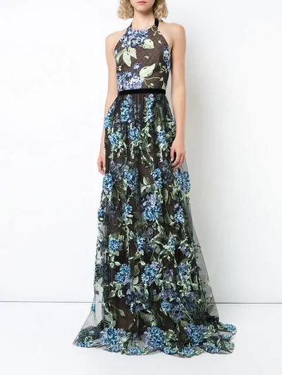 Shop Marchesa Notte Embroidered Hydrangea Gown In Black