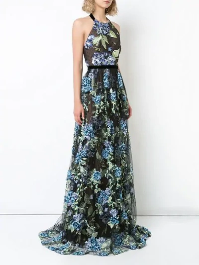 Shop Marchesa Notte Embroidered Hydrangea Gown In Black