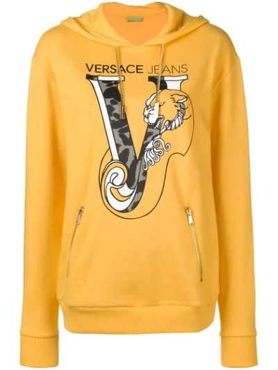 Shop Versace Jeans Printed Logo Pullover Hoodie In Yellow