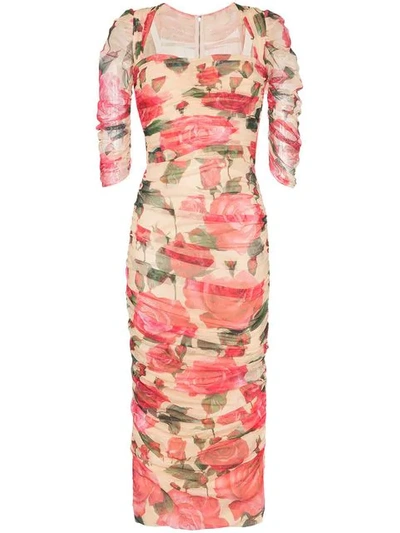 Shop Dolce & Gabbana Floral Print Ruched Dress In Pink