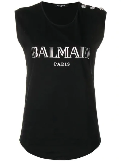 Shop Balmain Logo Print Tank Top In Eac Noir/argent