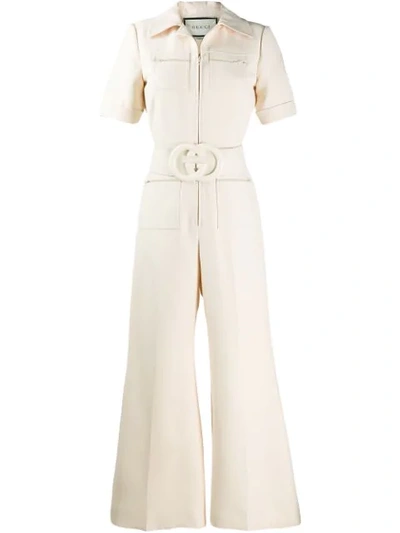 Shop Gucci Gg Logo Belted Jumpsuit In Neutrals