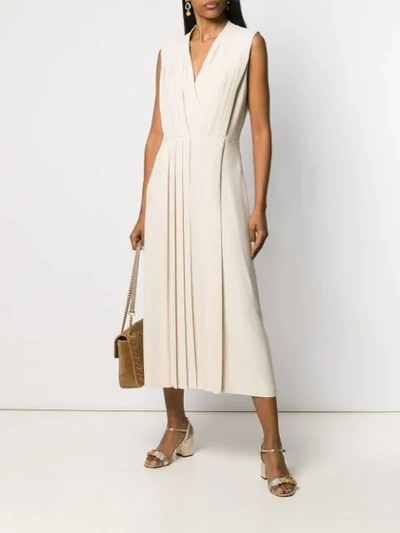 Shop Gucci Pleated V-neck Dress In Neutrals