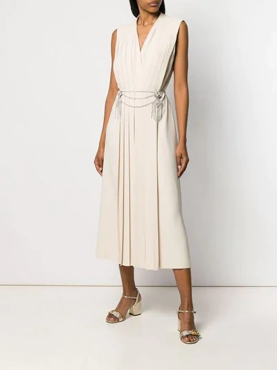 Shop Gucci Pleated V-neck Dress In Neutrals