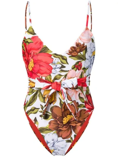 Shop Mara Hoffman Bow Detail Floral Print Swimsuit In White