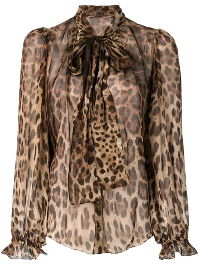 Shop Dolce & Gabbana Leopard-print Pussy Bow Blouse In Brown