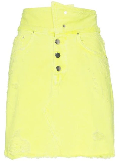 Shop Amiri High-waisted Distressed Denim Mini-skirt In Yellow