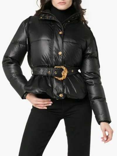 Shop Versace Hooded Belted Feather Down Puffer Jacket In Black