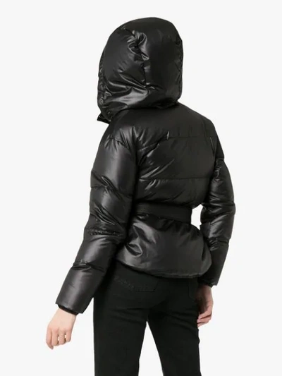 Shop Versace Hooded Belted Feather Down Puffer Jacket In Black