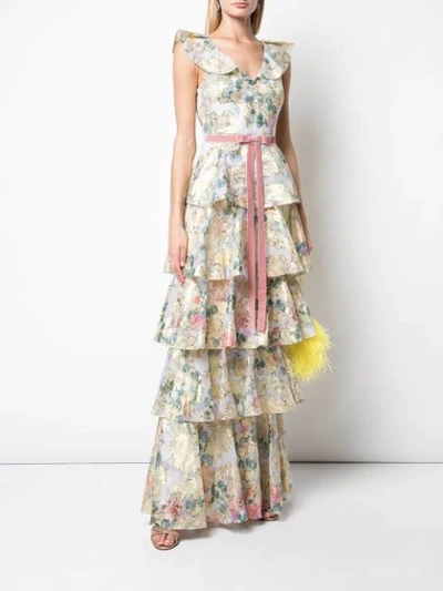 Shop Marchesa Notte Floral Ruffle Maxi Dress In Gold