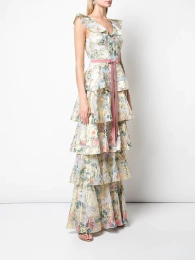 Shop Marchesa Notte Floral Ruffle Maxi Dress In Gold