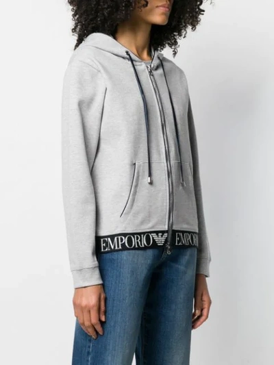 Shop Emporio Armani Zip Front Logo Waistband Hoodie In Grey