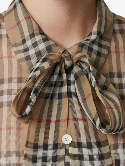 Shop Burberry Vintage Check Silk Tie-neck Shirt In Neutrals