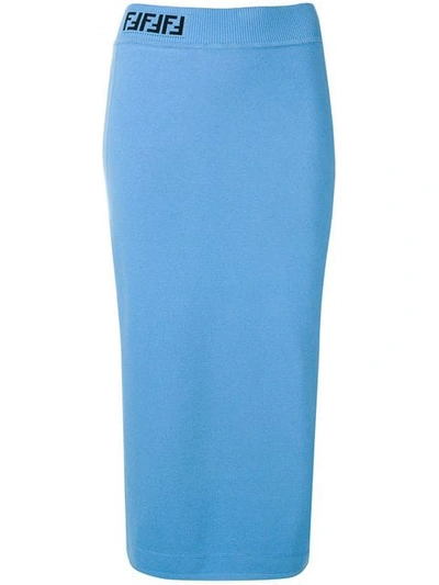 Shop Fendi Ff Logo Waistband Fitted Skirt In Blue