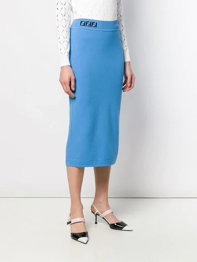 Shop Fendi Ff Logo Waistband Fitted Skirt In Blue