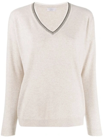 Shop Brunello Cucinelli Knit Glitter V-neck Sweater In Neutrals