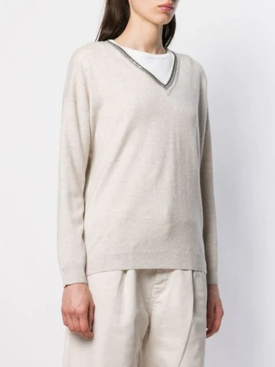 Shop Brunello Cucinelli Knit Glitter V-neck Sweater In Neutrals